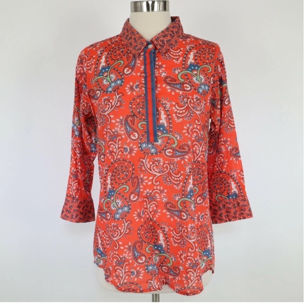 Gretchen Scott Tunic Top Women XL Orange Paisley 3/4 Sleeve Striped Placket